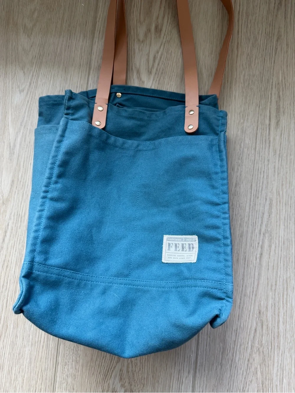 Canvas Tote Bag with Brown Leather Straps - Teal